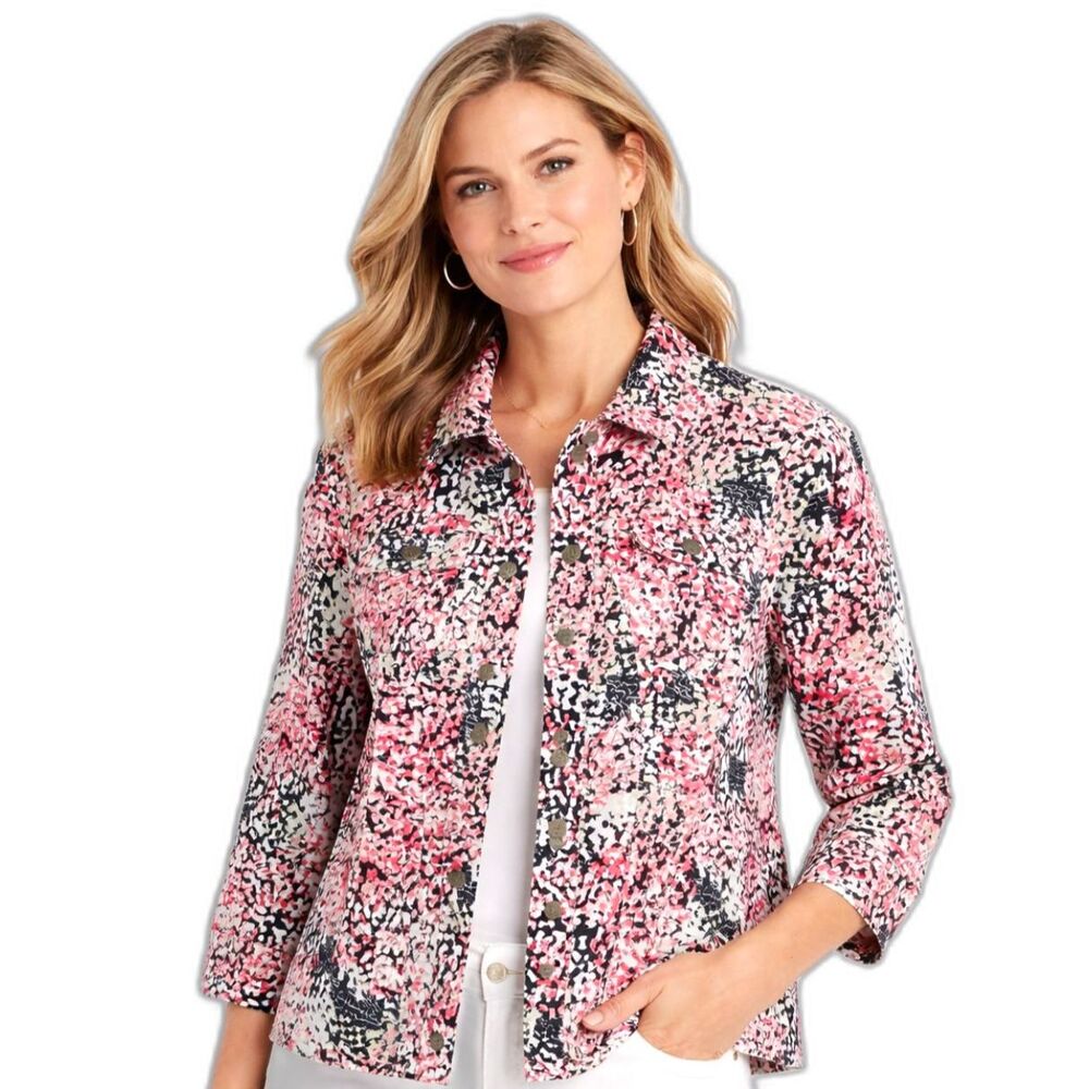 Christopher & Banks Womens Jacket Large Pink Black 3/4 Sleeve Button Up Cotton